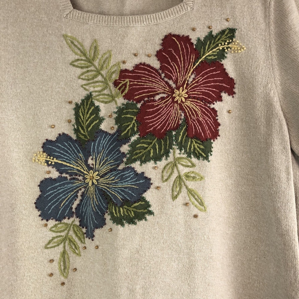 Alfred Dunner Womens Shirt Large‎ Short Sleeve Sweater Beaded Floral Embroidered - Picture 2 of 6